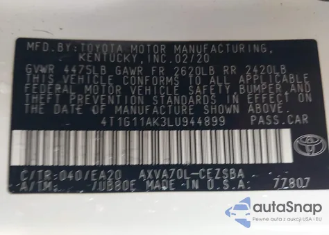2020 Toyota Camry Se from USA, damaged, VIN 4T1G11AK3LU944899